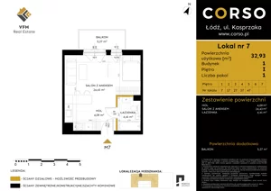 1 pokój, mieszkanie 32,93 m², piętro 1, oferta nr 7, CORSO - etap I, Łódź, Polesie, Stare Polesie, ul. Kasprzaka 5