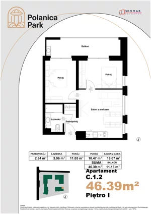 3 pokoje, apartament inwestycyjny 46,39 m², piętro 1, oferta nr 1.2, Polanica Park Apartamenty - etap III, Polanica-Zdrój, ul. Zdrojowa