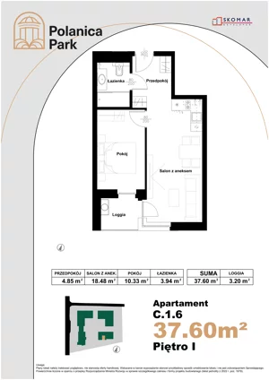 2 pokoje, apartament inwestycyjny 37,60 m², piętro 1, oferta nr 1.6, Polanica Park Apartamenty - etap III, Polanica-Zdrój, ul. Zdrojowa