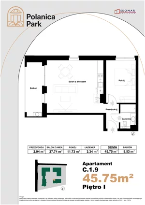 2 pokoje, apartament inwestycyjny 45,75 m², piętro 1, oferta nr 1.9, Polanica Park Apartamenty - etap III, Polanica-Zdrój, ul. Zdrojowa