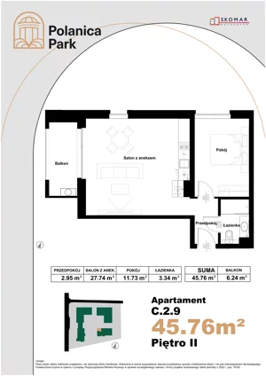 2 pokoje, apartament inwestycyjny 45,76 m², piętro 2, oferta nr 2.9, Polanica Park Apartamenty - etap III, Polanica-Zdrój, ul. Zdrojowa