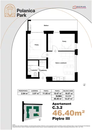 3 pokoje, apartament inwestycyjny 46,40 m², piętro 3, oferta nr 3.2, Polanica Park Apartamenty - etap III, Polanica-Zdrój, ul. Zdrojowa