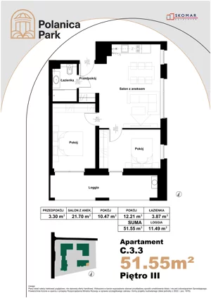 3 pokoje, apartament inwestycyjny 51,55 m², piętro 3, oferta nr 3.3, Polanica Park Apartamenty - etap III, Polanica-Zdrój, ul. Zdrojowa