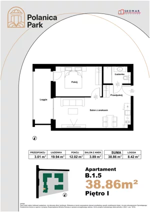 2 pokoje, apartament inwestycyjny 38,86 m², piętro 1, oferta nr B_1_5, Polanica Park Apartamenty - etap II, Polanica-Zdrój, ul. Zdrojowa