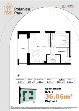 2 pokoje, apartament inwestycyjny 36,06 m², piętro 1, oferta nr B_1_7, Polanica Park Apartamenty - etap II, Polanica-Zdrój, ul. Zdrojowa
