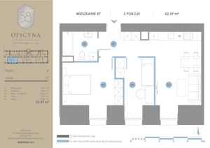 3 pokoje, apartament 52,47 m², piętro 2, oferta nr 57, Oficyna, Łódź, Śródmieście, ul. Piotrkowska 56/58