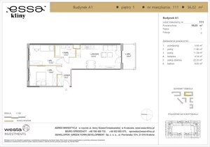 3 pokoje, apartament 56,02 m², piętro 1, oferta nr A1/111, ESSA Kliny, Kraków, Swoszowice, Kliny, ul. Anny Szwed-Śniadowskiej