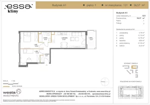 3 pokoje, apartament 56,57 m², piętro 1, oferta nr A1/131, ESSA Kliny, Kraków, Swoszowice, Kliny, ul. Anny Szwed-Śniadowskiej