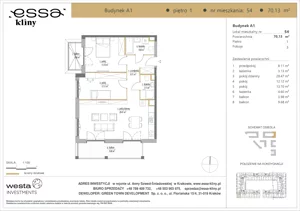3 pokoje, apartament 70,13 m², piętro 1, oferta nr A1/54, ESSA Kliny, Kraków, Swoszowice, Kliny, ul. Anny Szwed-Śniadowskiej
