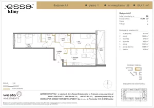 3 pokoje, apartament 64,41 m², piętro 1, oferta nr A1/56, ESSA Kliny, Kraków, Swoszowice, Kliny, ul. Anny Szwed-Śniadowskiej
