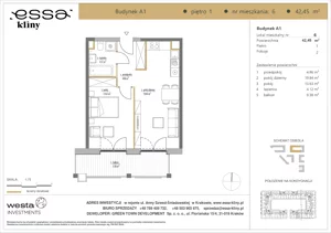 2 pokoje, apartament 42,45 m², piętro 1, oferta nr A1/6, ESSA Kliny, Kraków, Swoszowice, Kliny, ul. Anny Szwed-Śniadowskiej
