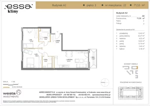 3 pokoje, apartament 71,53 m², piętro 3, oferta nr A2/22, ESSA Kliny, Kraków, Swoszowice, Kliny, ul. Anny Szwed-Śniadowskiej