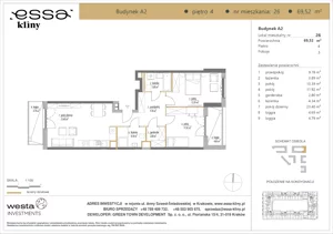 3 pokoje, apartament 69,52 m², piętro 4, oferta nr A2/26, ESSA Kliny, Kraków, Swoszowice, Kliny, ul. Anny Szwed-Śniadowskiej