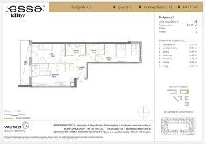 3 pokoje, apartament 64,41 m², piętro 1, oferta nr A2/29, ESSA Kliny, Kraków, Swoszowice, Kliny, ul. Anny Szwed-Śniadowskiej