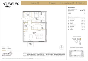 3 pokoje, apartament 66,26 m², piętro 2, oferta nr A2/37, ESSA Kliny, Kraków, Swoszowice, Kliny, ul. Anny Szwed-Śniadowskiej