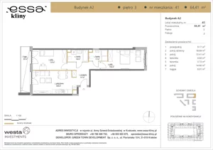 3 pokoje, apartament 64,41 m², piętro 3, oferta nr A2/41, ESSA Kliny, Kraków, Swoszowice, Kliny, ul. Anny Szwed-Śniadowskiej