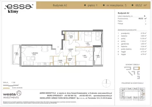 3 pokoje, apartament 69,52 m², piętro 1, oferta nr A2/5, ESSA Kliny, Kraków, Swoszowice, Kliny, ul. Anny Szwed-Śniadowskiej