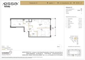 3 pokoje, apartament 59,94 m², piętro 1, oferta nr A1/28, ESSA Kliny, Kraków, Swoszowice, Kliny, ul. Anny Szwed-Śniadowskiej