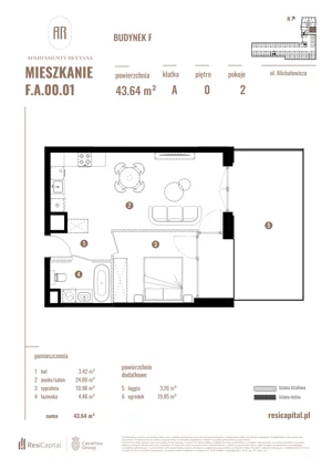 2 pokoje, apartament 43,64 m², parter, oferta nr F.A.00.01, Apartamenty Reytana - Budynek F, Bielsko-Biała, ul. Rejtana