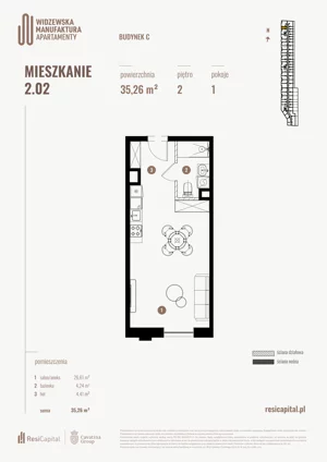1 pokój, mieszkanie 35,26 m², piętro 2, oferta nr 2.02., Wima Apartments, Łódź, Widzew, Stary Widzew, al. Piłsudskiego 135
