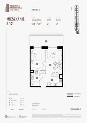 2 pokoje, mieszkanie 39,17 m², piętro 2, oferta nr 2.12., Wima Apartments, Łódź, Widzew, Stary Widzew, al. Piłsudskiego 135