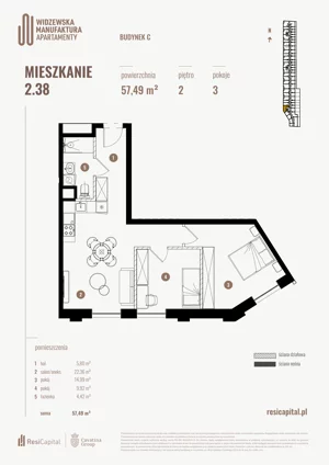 3 pokoje, mieszkanie 57,49 m², piętro 2, oferta nr 2.38., Wima Apartments, Łódź, Widzew, Stary Widzew, al. Piłsudskiego 135