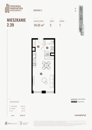 1 pokój, mieszkanie 34,55 m², piętro 2, oferta nr 2.39., Wima Apartments, Łódź, Widzew, Stary Widzew, al. Piłsudskiego 135