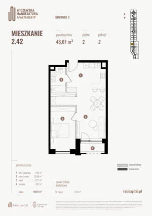 2 pokoje, mieszkanie 48,67 m², piętro 2, oferta nr 2.42., Wima Apartments, Łódź, Widzew, Stary Widzew, al. Piłsudskiego 135