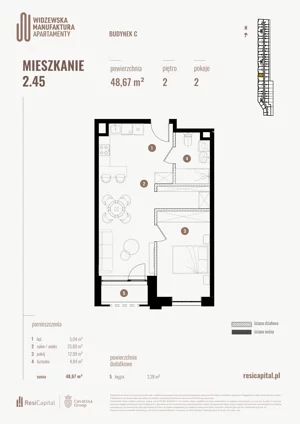 2 pokoje, mieszkanie 48,67 m², piętro 2, oferta nr 2.45., Wima Apartments, Łódź, Widzew, Stary Widzew, al. Piłsudskiego 135