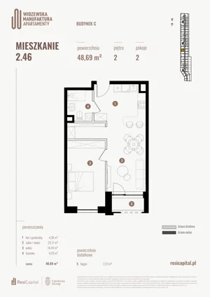 2 pokoje, mieszkanie 48,69 m², piętro 2, oferta nr 2.46., Wima Apartments, Łódź, Widzew, Stary Widzew, al. Piłsudskiego 135