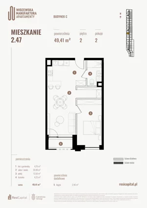 2 pokoje, mieszkanie 49,41 m², piętro 2, oferta nr 2.47., Wima Apartments, Łódź, Widzew, Stary Widzew, al. Piłsudskiego 135