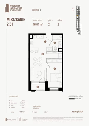 2 pokoje, mieszkanie 46,64 m², piętro 2, oferta nr 2.51., Wima Apartments, Łódź, Widzew, Stary Widzew, al. Piłsudskiego 135