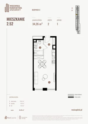 1 pokój, mieszkanie 34,26 m², piętro 2, oferta nr 2.52., Wima Apartments, Łódź, Widzew, Stary Widzew, al. Piłsudskiego 135