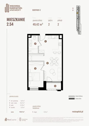 2 pokoje, mieszkanie 49,42 m², piętro 2, oferta nr 2.54., Wima Apartments, Łódź, Widzew, Stary Widzew, al. Piłsudskiego 135