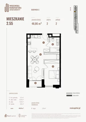 2 pokoje, mieszkanie 48,86 m², piętro 2, oferta nr 2.55., Wima Apartments, Łódź, Widzew, Stary Widzew, al. Piłsudskiego 135