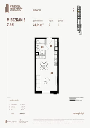 1 pokój, mieszkanie 34,64 m², piętro 2, oferta nr 2.56., Wima Apartments, Łódź, Widzew, Stary Widzew, al. Piłsudskiego 135