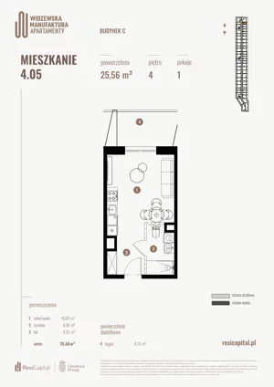 1 pokój, mieszkanie 25,56 m², piętro 4, oferta nr 4.05., Wima Apartments, Łódź, Widzew, Stary Widzew, al. Piłsudskiego 135