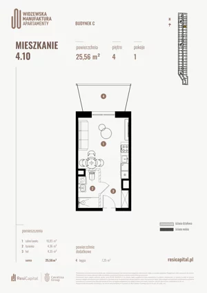 1 pokój, mieszkanie 25,56 m², piętro 4, oferta nr 4.10., Wima Apartments, Łódź, Widzew, Stary Widzew, al. Piłsudskiego 135