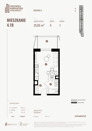 1 pokój, mieszkanie 25,65 m², piętro 4, oferta nr 4.19., Wima Apartments, Łódź, Widzew, Stary Widzew, al. Piłsudskiego 135