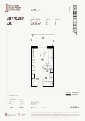 1 pokój, mieszkanie 25,56 m², piętro 5, oferta nr 5.07., Wima Apartments, Łódź, Widzew, Stary Widzew, al. Piłsudskiego 135