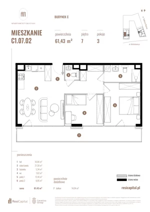 3 pokoje, mieszkanie 61,43 m², piętro 7, oferta nr C1.07.02, Apartamenty Reytana, Bielsko-Biała, ul. Rejtana 3