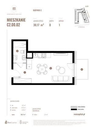 1 pokój, mieszkanie 30,17 m², parter, oferta nr C2.00.02, Apartamenty Reytana, Bielsko-Biała, ul. Rejtana 3