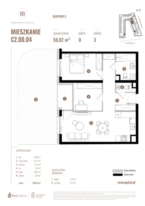 3 pokoje, mieszkanie 58,82 m², parter, oferta nr C2.00.04, Apartamenty Reytana, Bielsko-Biała, ul. Rejtana 3