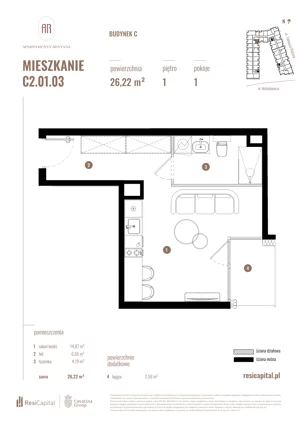 1 pokój, mieszkanie 26,22 m², piętro 1, oferta nr C2.01.03, Apartamenty Reytana, Bielsko-Biała, ul. Rejtana 3