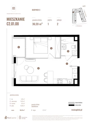 2 pokoje, mieszkanie 36,59 m², piętro 1, oferta nr C2.01.08, Apartamenty Reytana, Bielsko-Biała, ul. Rejtana 3