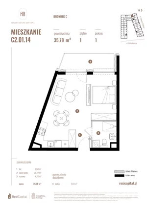 1 pokój, mieszkanie 35,78 m², piętro 1, oferta nr C2.01.14, Apartamenty Reytana, Bielsko-Biała, ul. Rejtana 3