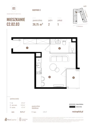 1 pokój, mieszkanie 26,75 m², piętro 2, oferta nr C2.02.03, Apartamenty Reytana, Bielsko-Biała, ul. Rejtana 3