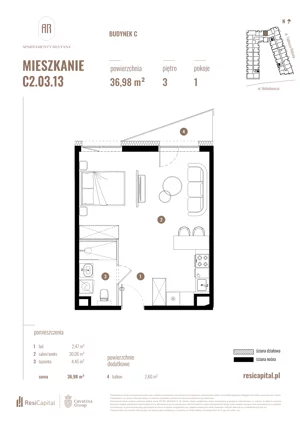 1 pokój, mieszkanie 36,98 m², piętro 3, oferta nr C2.03.13, Apartamenty Reytana, Bielsko-Biała, ul. Rejtana 3