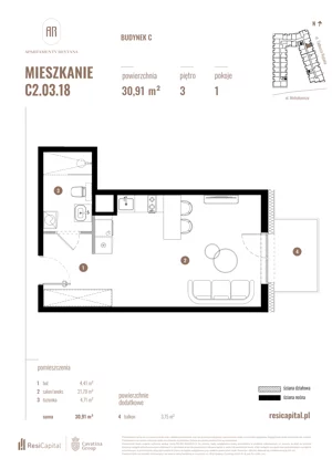 1 pokój, mieszkanie 30,91 m², piętro 3, oferta nr C2.03.18, Apartamenty Reytana, Bielsko-Biała, ul. Rejtana 3