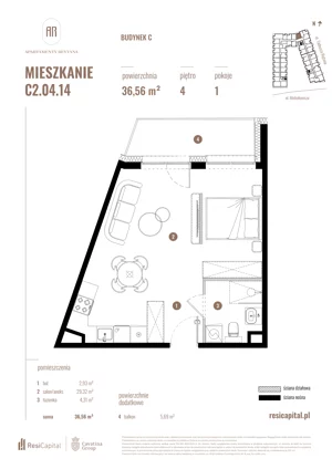 1 pokój, mieszkanie 36,56 m², piętro 4, oferta nr C2.04.14, Apartamenty Reytana, Bielsko-Biała, ul. Rejtana 3